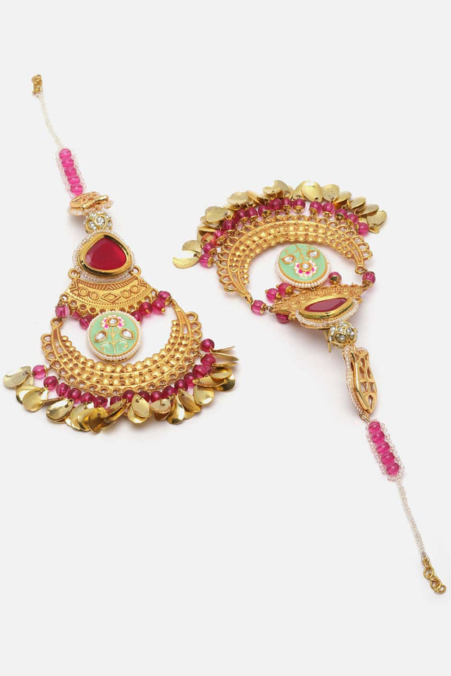 Gold And Red Kundan And American Diamonds Chandbali Earring