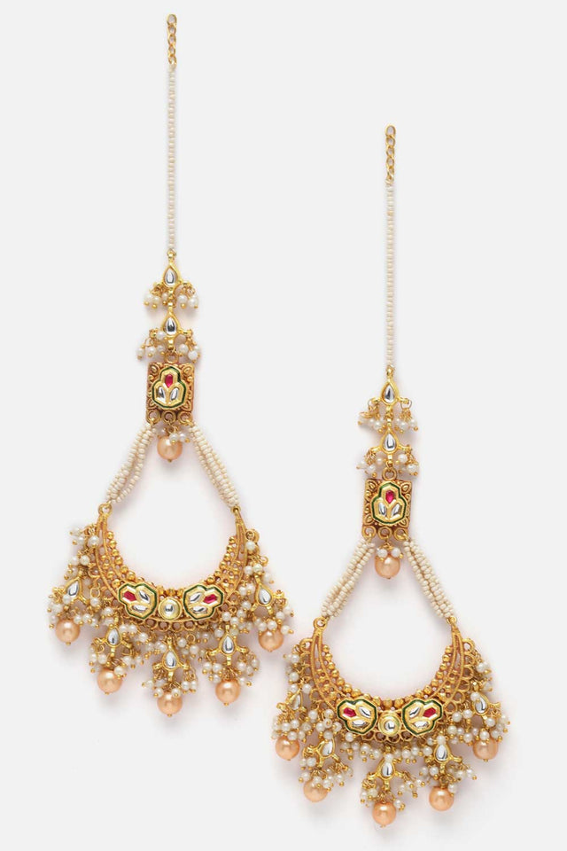 Gold And White Chandbali Earring With Kundan And Pearls