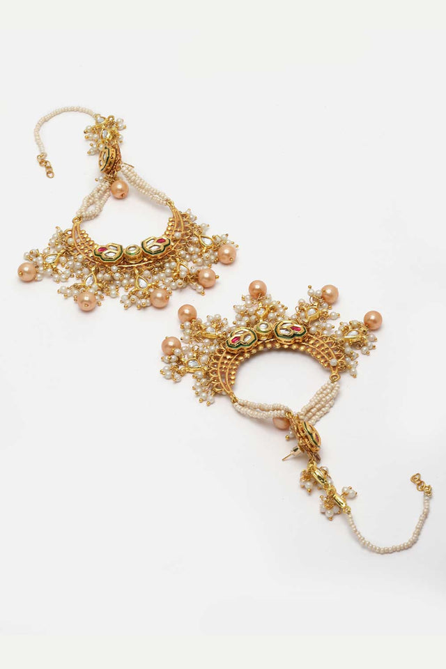 Gold And White Chandbali Earring With Kundan And Pearls