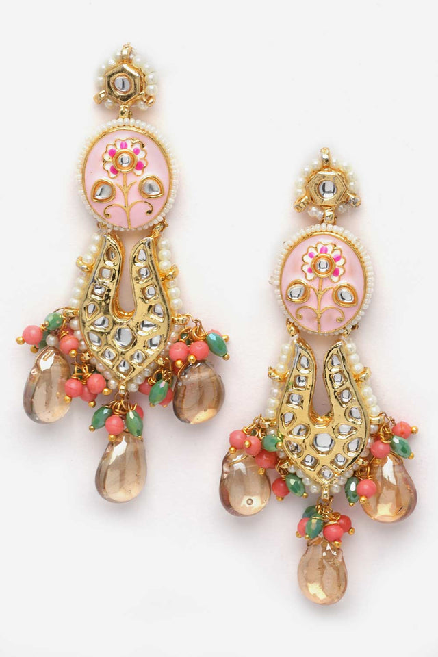Pink And White Drop Earring With Kundan And Pearls