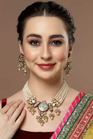 Purple And Gold Drop Earring With Kundan And Pearls