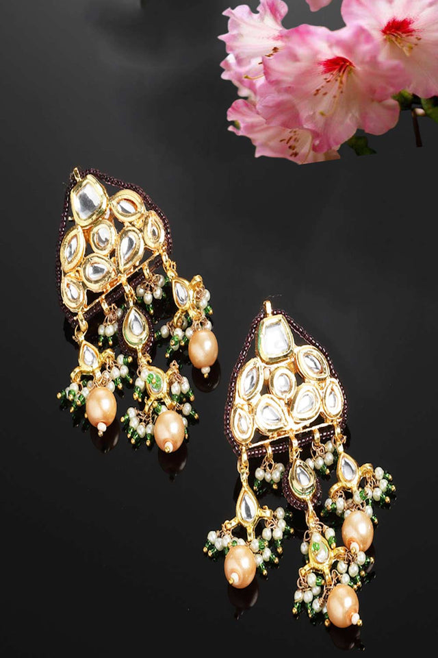 Purple And Gold Drop Earring With Kundan And Pearls