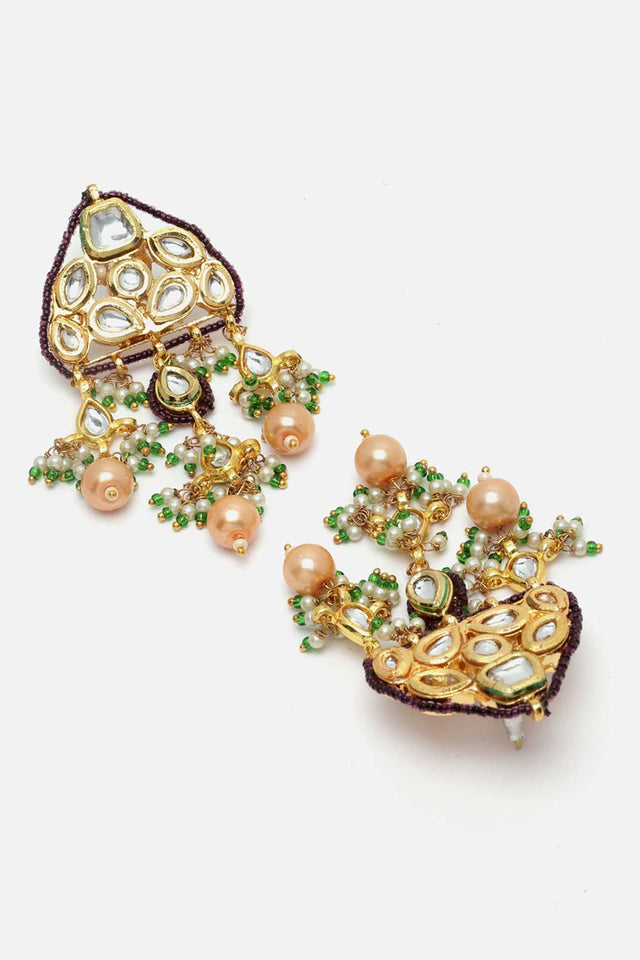 Purple And Gold Drop Earring With Kundan And Pearls