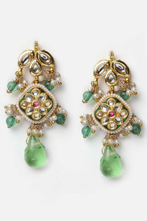 Green And White Drop Earring With Kundan And Pearls