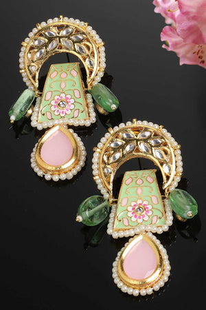 Green And White Drop Earring With Kundan And Pearls