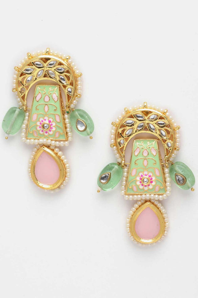 Green And White Drop Earring With Kundan And Pearls