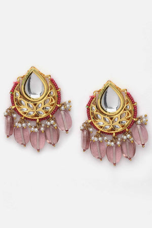 Pink And Gold Drop Earring With Kundan And Pearls
