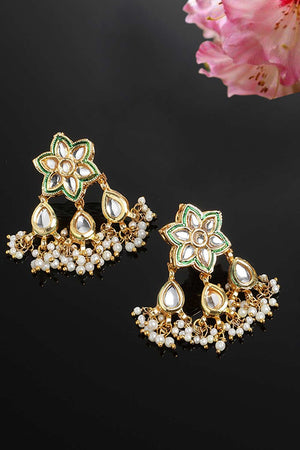 Green And Gold Drop Earring With Kundan And Pearls