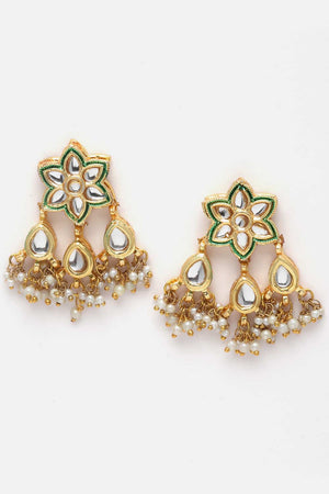 Green And Gold Drop Earring With Kundan And Pearls