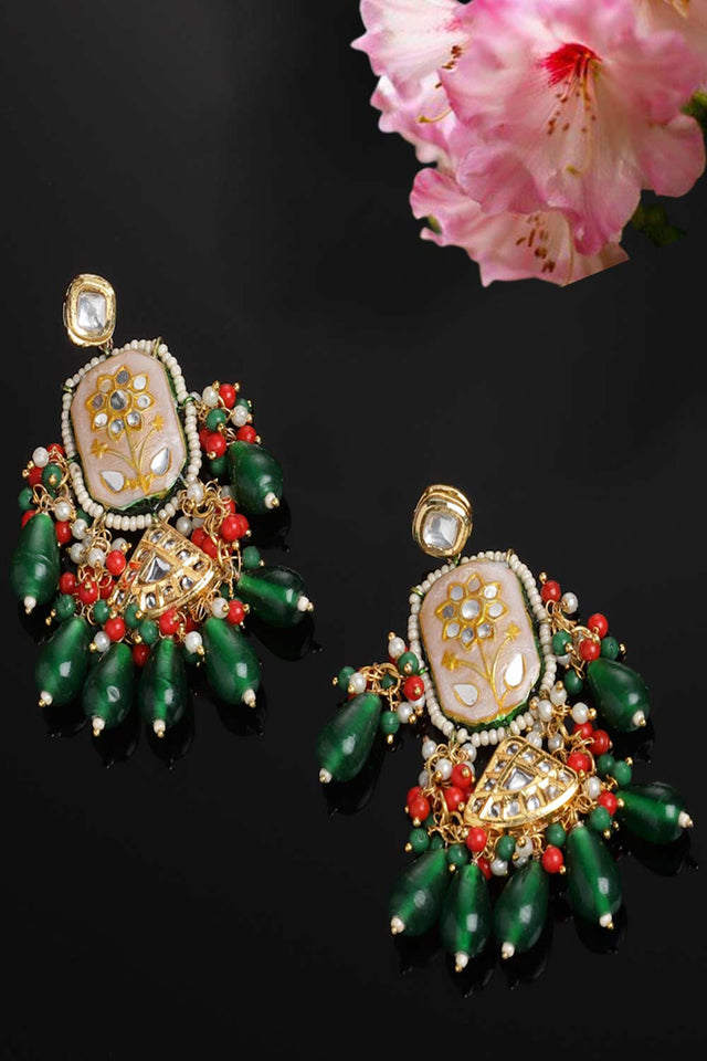 White And Green Drop Earring With Kundan And Pearls