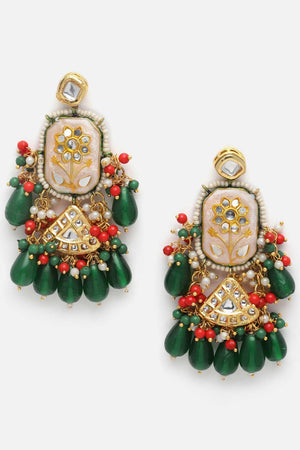 White And Green Drop Earring With Kundan And Pearls