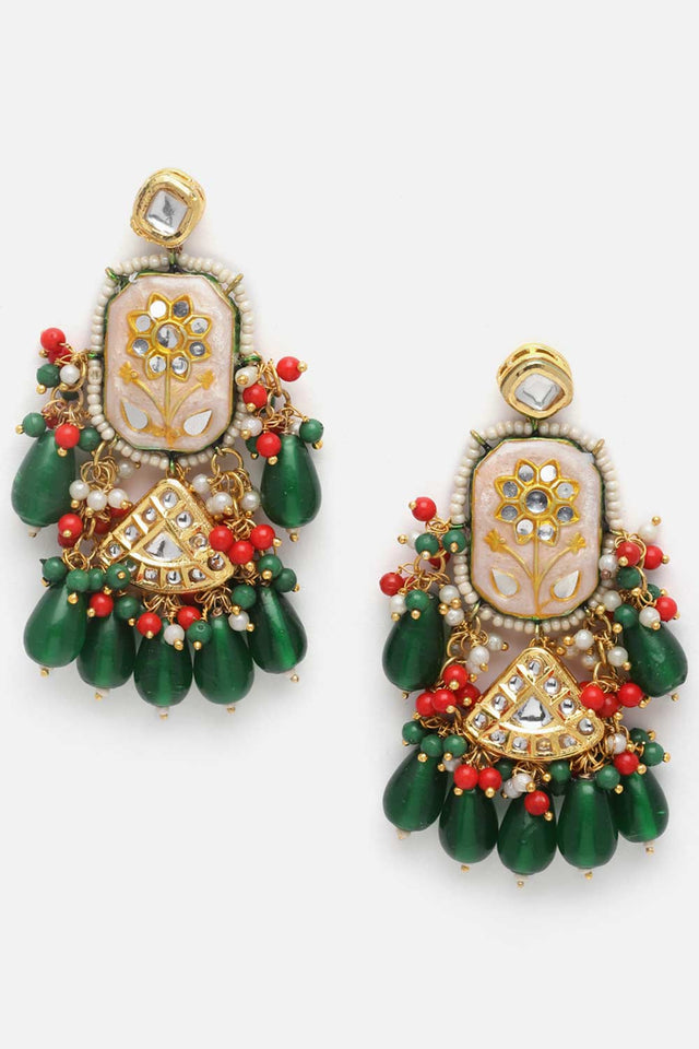 White And Green Drop Earring With Kundan And Pearls