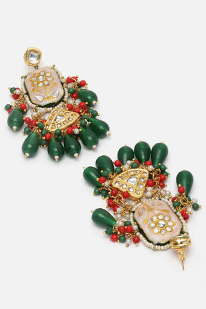 White And Green Drop Earring With Kundan And Pearls