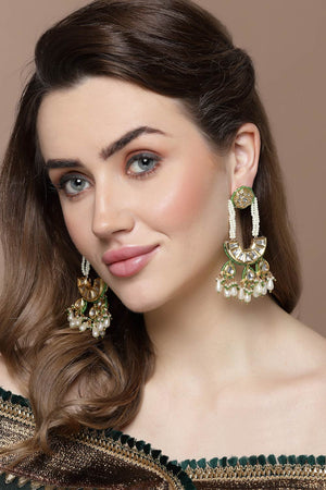 Green And Gold Drop Earring With Kundan And Pearls