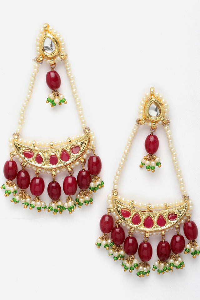Red And Green Drop Earring With Kundan And Pearls
