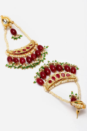 Red And Green Drop Earring With Kundan And Pearls