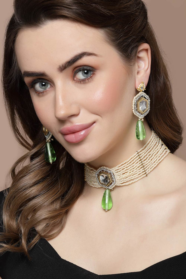 Green And Silver Drop Earring With Kundan And American Diamond