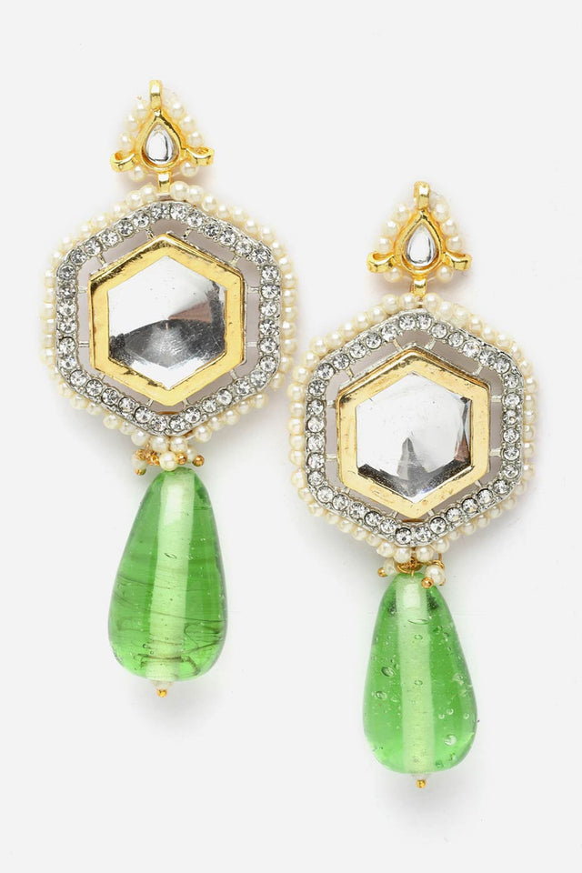 Green And Silver Drop Earring With Kundan And American Diamond