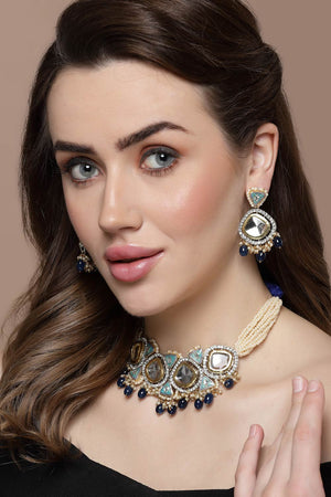 Blue And Green Drop Earring With Kundan And American Diamond