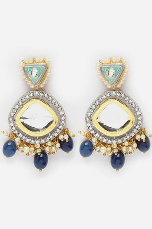 Blue And Green Drop Earring With Kundan And American Diamond