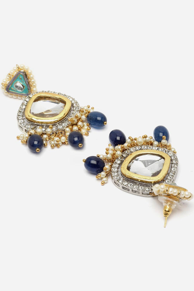 Blue And Green Drop Earring With Kundan And American Diamond