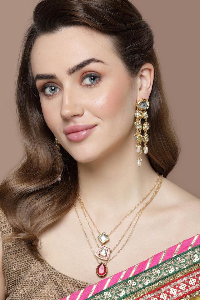 Gold And White Drop Earring With Kundan And Pearls