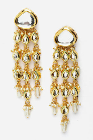 Gold And White Drop Earring With Kundan And Pearls