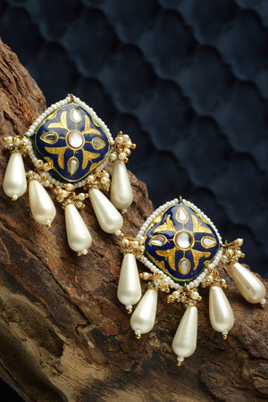Blue And Gold Drop Earring With Kundan And Pearls
