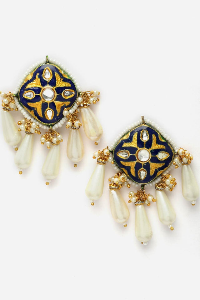 Blue And Gold Drop Earring With Kundan And Pearls