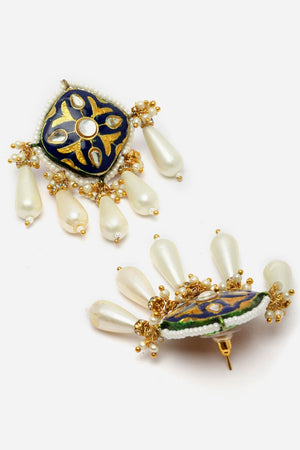 Blue And Gold Drop Earring With Kundan And Pearls