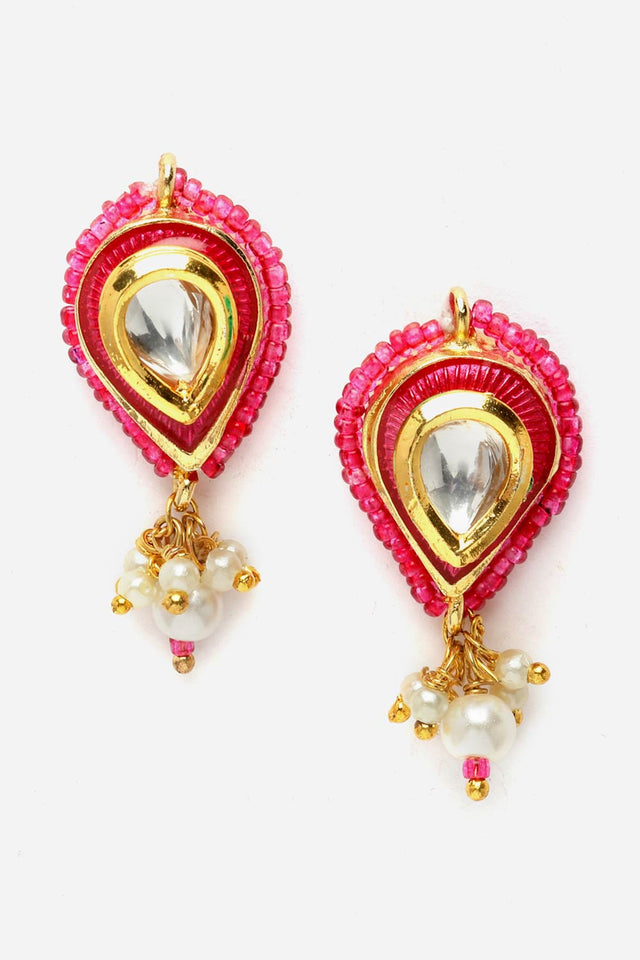Pink And Gold Drop Earring With Kundan And Pearls