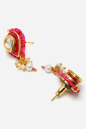Pink And Gold Drop Earring With Kundan And Pearls