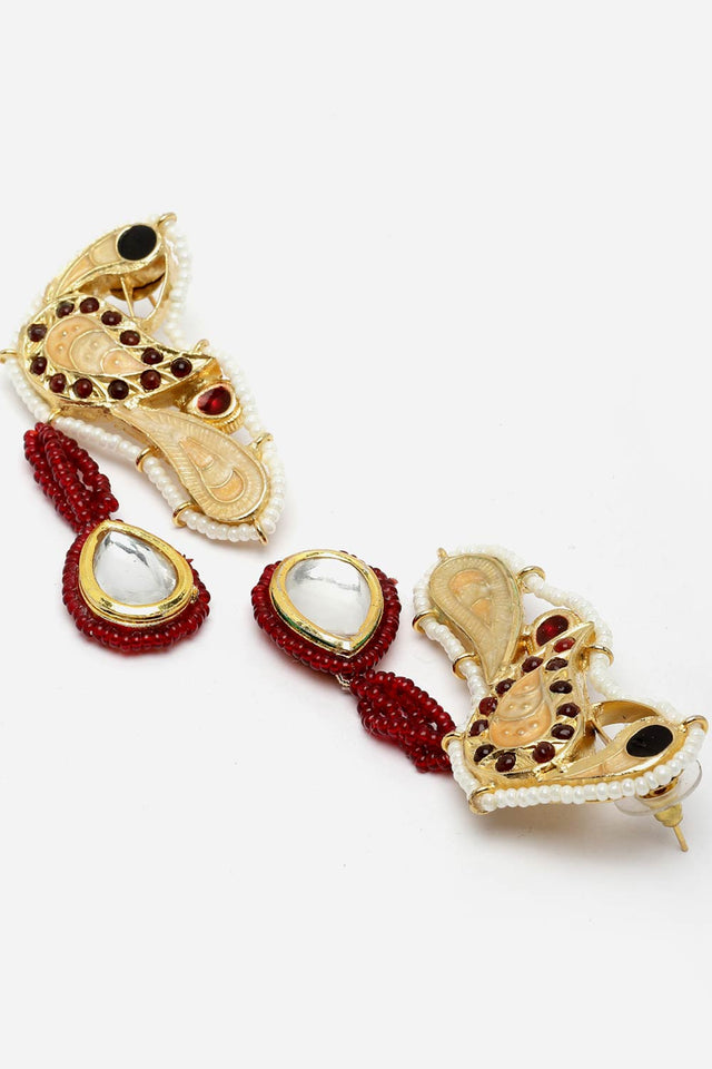 Peach And Red Drop Earring With Kundan And Pearls