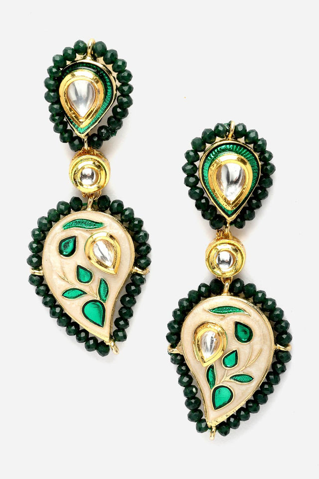 Peach And Green Drop Earring With Kundan And Pearls