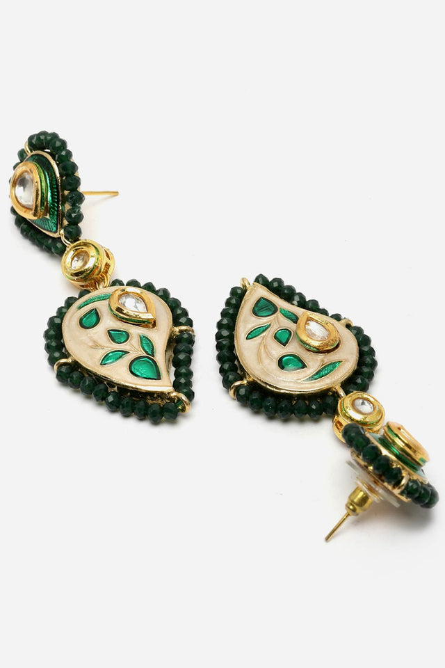 Peach And Green Drop Earring With Kundan And Pearls