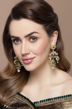 Green And Pink Drop Earring With Kundan And Pearls
