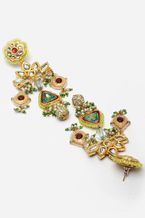 Green And Pink Drop Earring With Kundan And Pearls