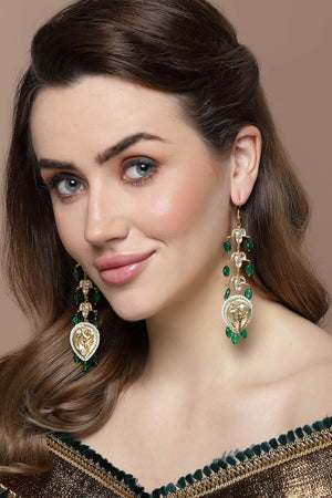 Green And Gold Drop Earring With Kundan And Pearls