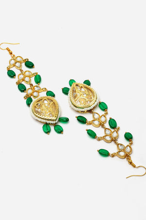 Green And Gold Drop Earring With Kundan And Pearls