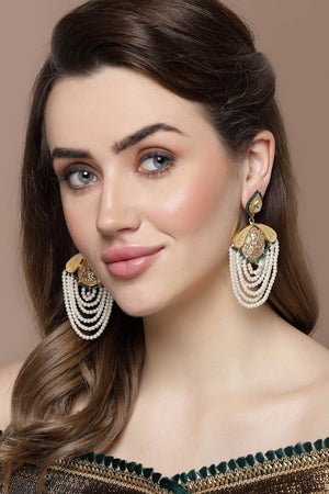 Peach And Cream Drop Earring With Kundan And Pearls