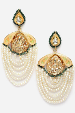 Peach And Cream Drop Earring With Kundan And Pearls
