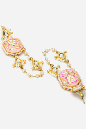 Pink And Gold Drop Earring With Kundan And Pearls
