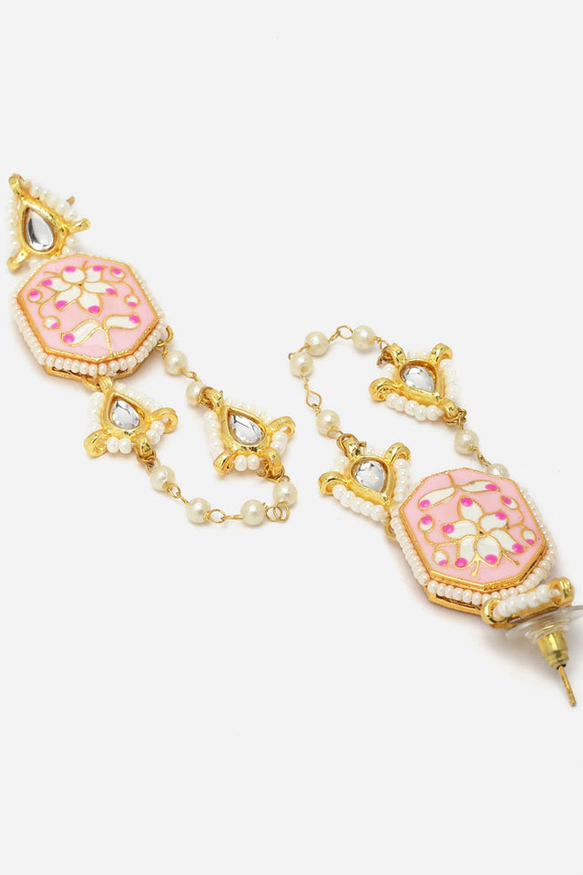 Pink And Gold Drop Earring With Kundan And Pearls