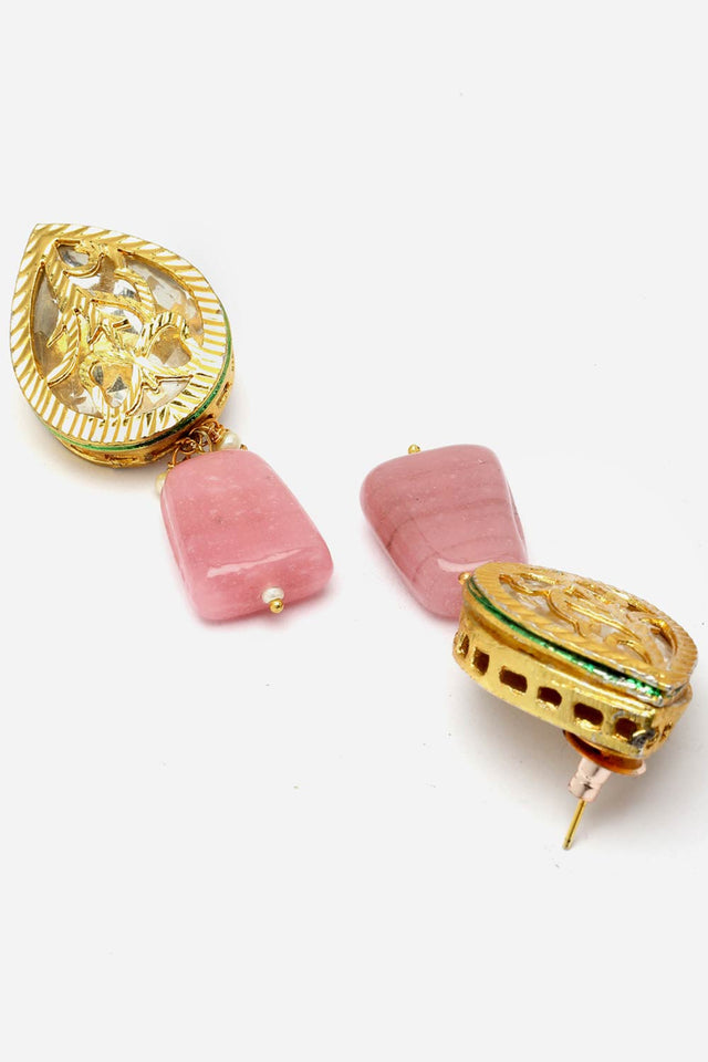 Pink And Gold Drop Earring With Kundan And Natural Stones