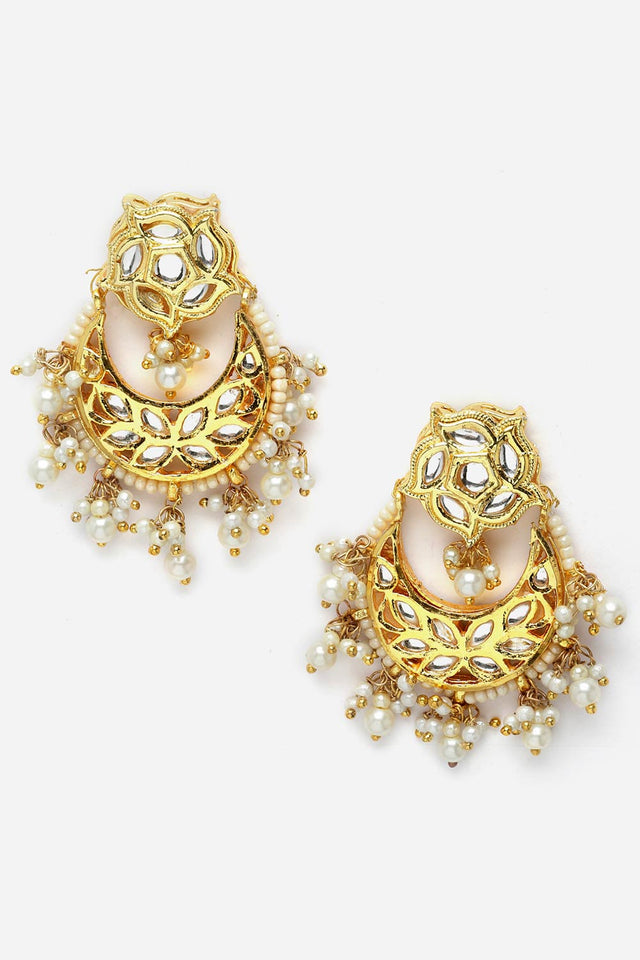 Gold And White Drop Earring With Kundan And Pearls