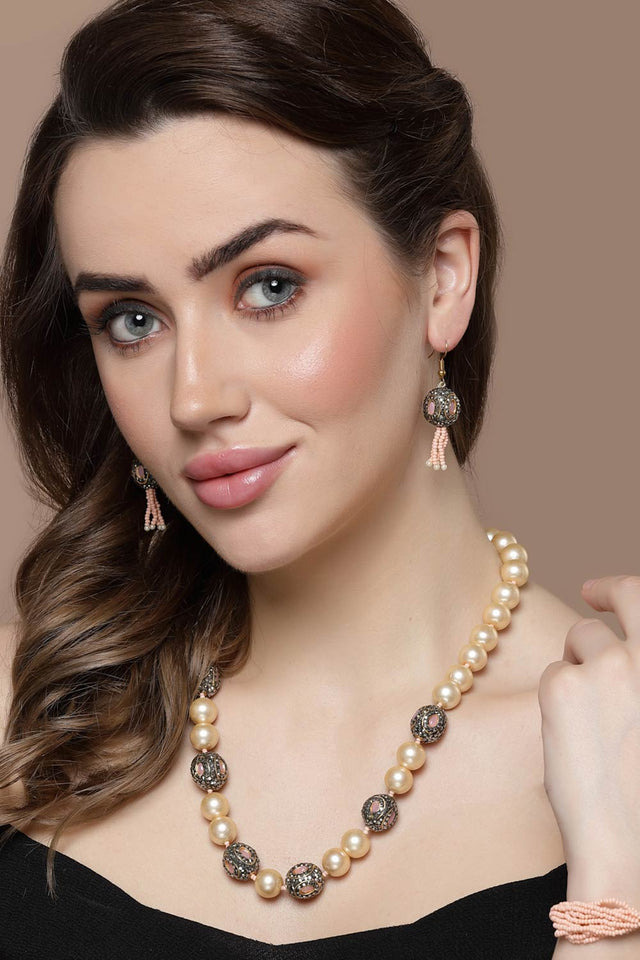 Pink And Black Drop Earring With Kundan And Pearls