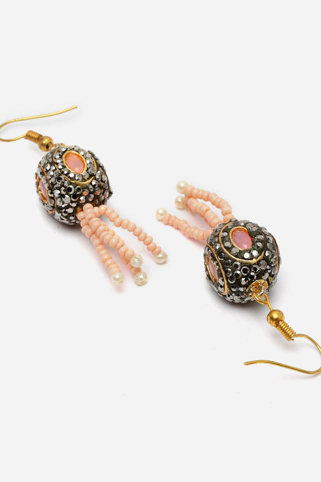 Pink And Black Drop Earring With Kundan And Pearls