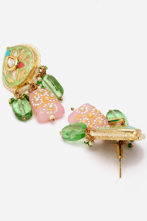 Green And Pink Drop Earring With Kundan And Pearls