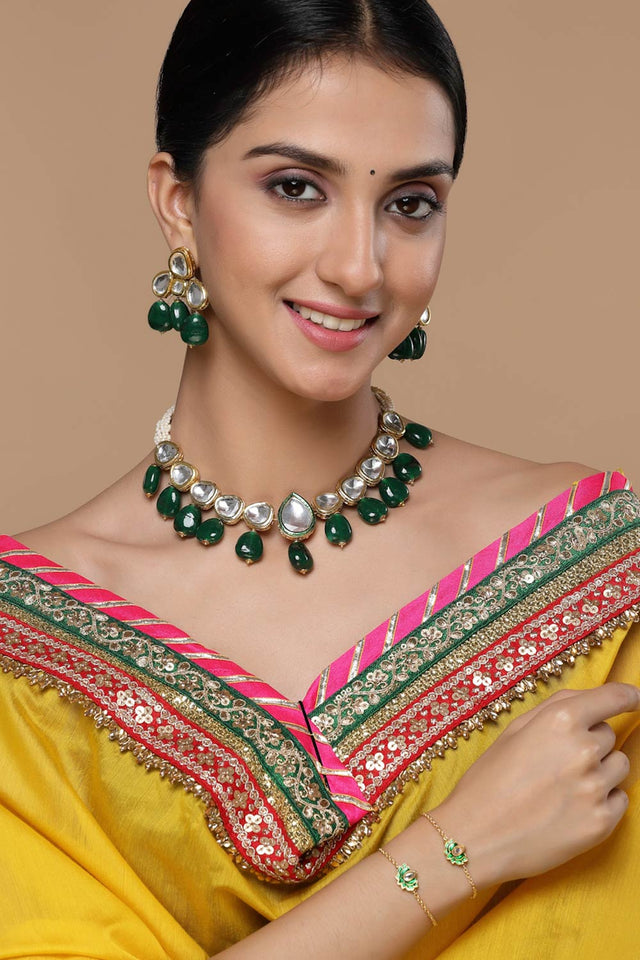 Green And Gold Drop Earring With Kundan And Pearls (DGED23063)