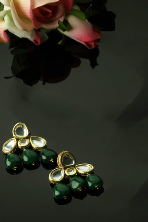 Green And Gold Drop Earring With Kundan And Pearls (DGED23063)